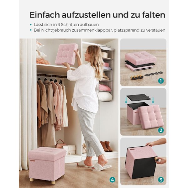 Rootz Pastel Pink sædekiste - Opbevaring Ottoman - Fodskammel - Imiteret linned - Skumpolstring - MDF-konstruktion - 38 cm x 38 cm x 40 cm - 3,5 kg -