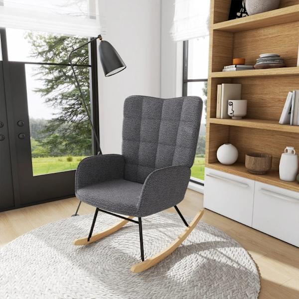 Rootz gungstol - Retro massivt trä - Avkopplande stol - Bokträ - Mjuk stoppning - Elegant design - Stål - Mörkgrå - 71L x 92W x 101H cm