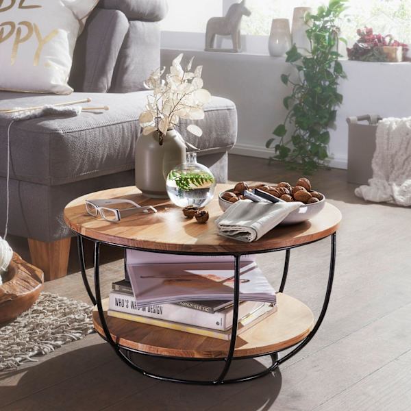 Rootz sofabord 60x34,5x60 cm akacie massivt træ - metal sofabord - Design stuebord rundt - Loungebord Industriel Brun - Bord med hylde