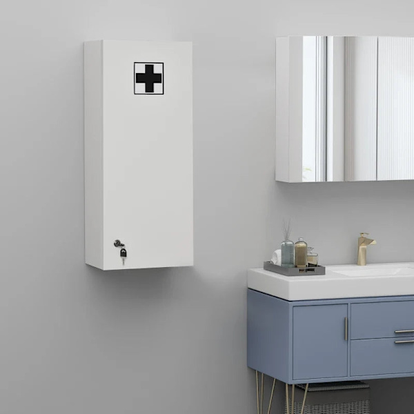 Rootz Medicinskåp - Väggskåp - Justerbar hylla - Första hjälpen - Korslåsbar - Badrum - Kök - Hall - Vit - 30 x 20 x 70 cm
