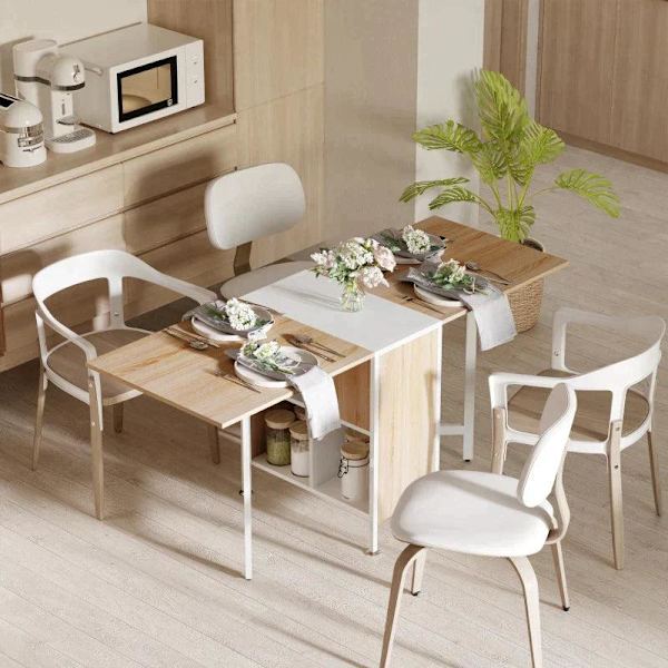 Rootz Folding Table - Dining Table - Side Tables - Storage Space For Living Room - Kitchen - Oak Wood - Metal Frame - Natural/White - 169 x 62 x 75 cm