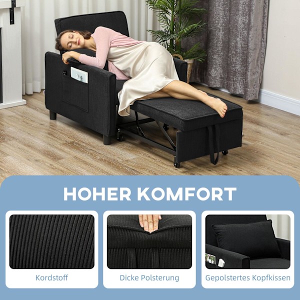 Rootz Justerbar sovende stol - Konvertibel loungestol - Rentliner seng - Komfort 3 position - 74W x 84d x 81H cm - Sort - 120 kg kapacitet