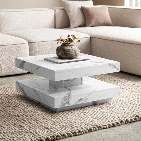 Rootz Square Sofabord - Moderne marmorbord - Hvid stuebord - Anti -slip puder - 60 cm x 60 cm x 34 cm
