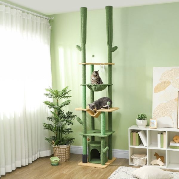Rootz Cactus -raapimispylväs - Kissapuu - Kissan asunto - Säädettävä korkeus - Mukavat riippumatot - Pehmoinen kissaluola - Lattiasta kattoon - Vihreä