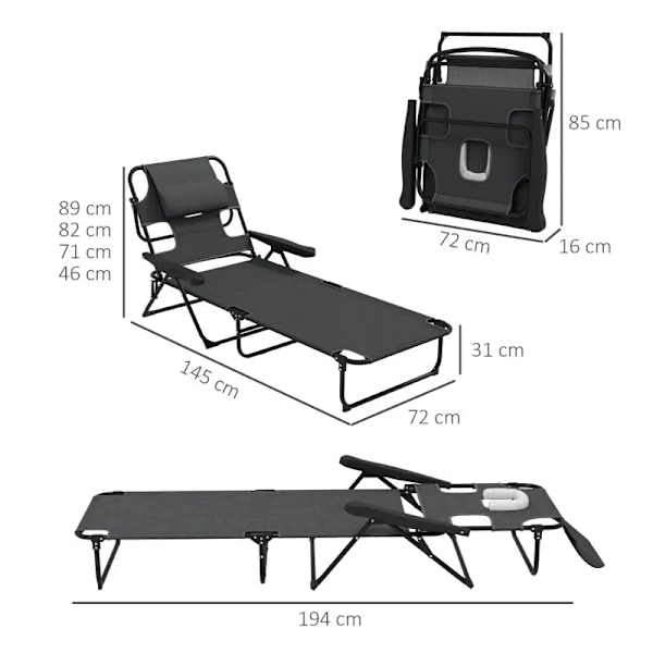 Rootz Garden Lounger - Solseng - Relax Lounger - Sammenklappelig - Vejrbestandig - Metalramme - Vandtæt - Mesh stof-polyester - Mørkegrå - 194cm x 72c