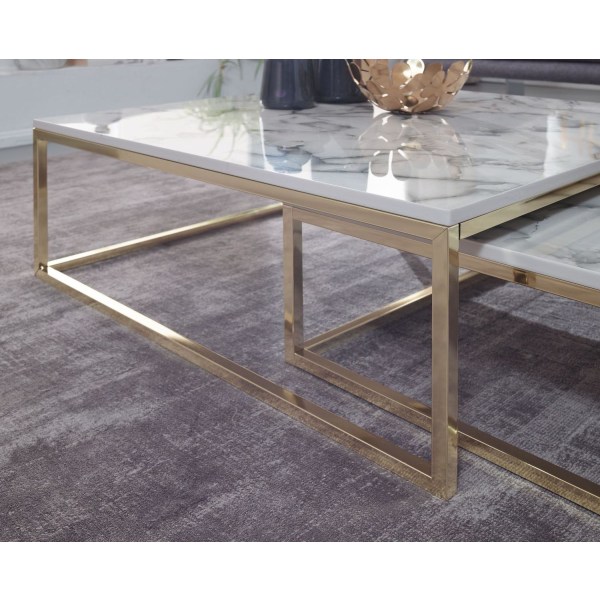 Rootz design soffbordsset med 2 vit marmoroptik kantig - Soffbord 2-delad bordsram metall guld - Ädla vardagsrumsbord - Moderna häckbord