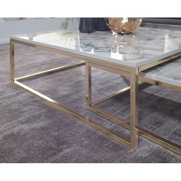 Rootz design -sohvapöytäsetti 2 valkoista marmorioptiikkaa kulmikas - Sohvapöydät 2-osainen pöytärunko metalli kultaa - Jalot olohuoneen pöydät - Mode