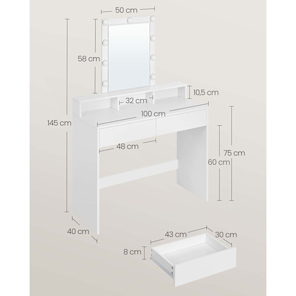 Rootz White spånplade sminkebord - Vanity Desk - Makeup Bord - Rummelig opbevaring - 40 cm x 100 cm x 145 cm
