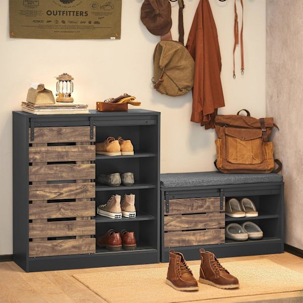 Rootz Skobänk med skjutdörr - Förvaringsbänk - Skoställ - Mångsidig användning - Bekväm kudde - Justerbar design - 80cm x 48cm x 35cm