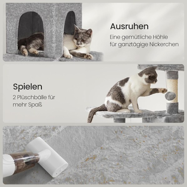 Rootz Cat Scratching Post - Cat Tree - Kitty Tower - Plush Cover - 143 cm High - Cuddly Cave - Relaxation Platform
