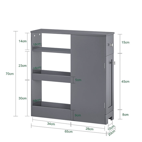 Rootz Narrow Gap Storage Trolley - Pladsbesparende vogn - Slank rullende organisering - MDF-materiale - 20 cm x 70 cm x 65 cm