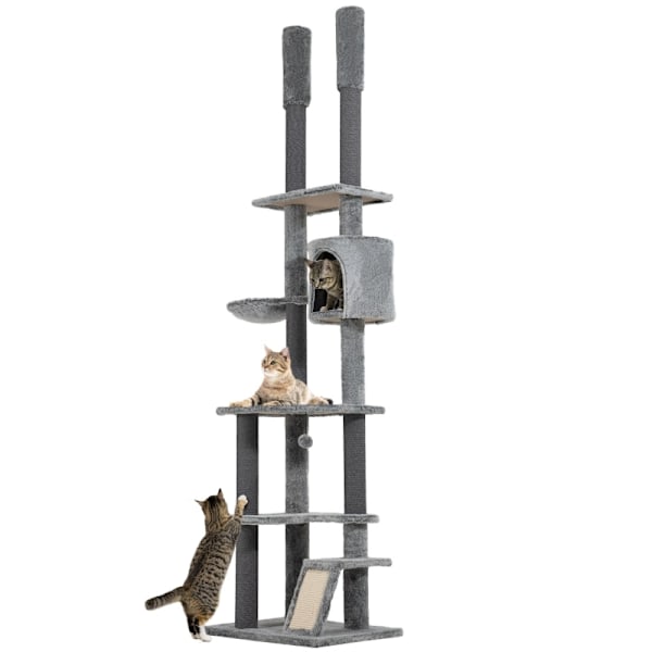 Rootz Cat Scratching Post Tree - Justerbara höjder - Mysiga hängmattor - Flera nivåer - Mjukt skydd - Rejäla stöd - Golv till tak - Grå - 60cm x 48cm