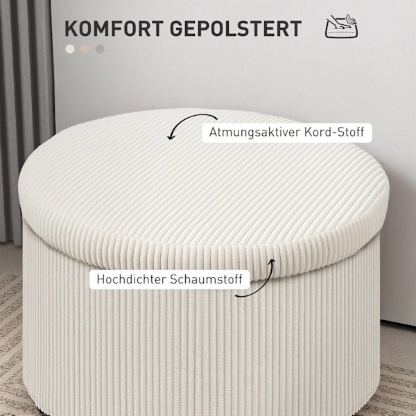 Rootz Foot Affure With Storage - Seat Affool - Pouf - 97L Hidden Storage - Ø60 X 41H CM - Cord Fabric - Skum - Beige