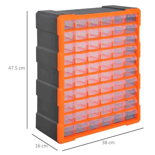 Rootz Storage Cabinet - Parts Organizer - Wall Mount - 60 Drawers - Orange - L38 x W16 x H47.5 cm