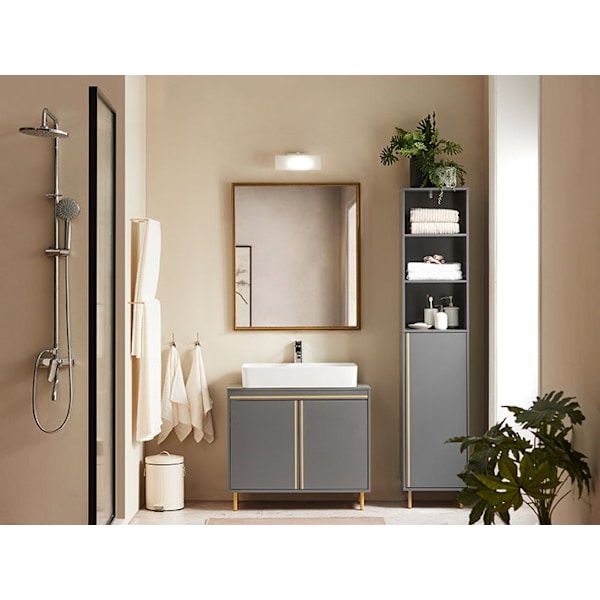 Rootz Modern Vask Underskab - Badeværelsesvask - Opbevaringsorganisator - Stilfuld grå og guld finish - Rummeligt interiør - Nem montering - 75 cm x 6