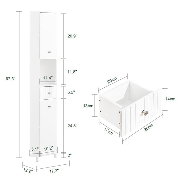 Rootz Tall Badrumskåp - Corner skåp - Slim Storage Unit - Space Saving Design - 44 cm x 171 cm x 31 cm