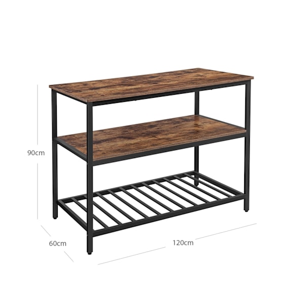 Rootz Kitchen Island 3 tasolla - Vintage Ruskea-Musta - Puulastulevy - Teräs - 120cm x 60cm x 90cm - 26,5kg - 30kg Kapasiteetti per hylly