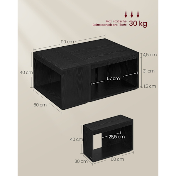 Rootz 3-delt sofabordssæt - Opbevaringsborde - Ibenholtsort - Spånplade - 30 cm x 60 cm x 40 cm - Total 23,8 kg Vægt - 90 kg Total kapacitet