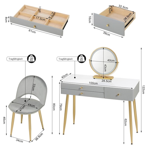 Rootz justerbart toalettbord med LED-spegel och sammetspall - Sminkbord - Justerbar belysning, gott om förvaring, ergonomisk design - 100 cm x 122 cm