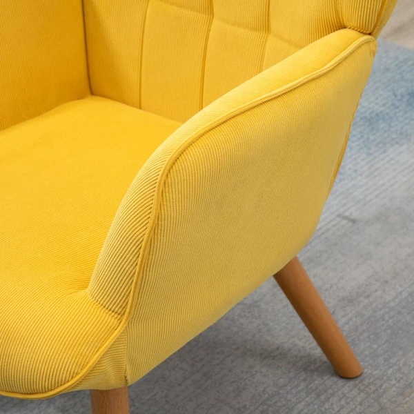 Rootz Accent Chair - Scandi Design - Med osmannisk - Lænestolesæt - Home Decor Stol - Bøgetræ - Cord Look - Gul - 72L x 80W x 99H cm