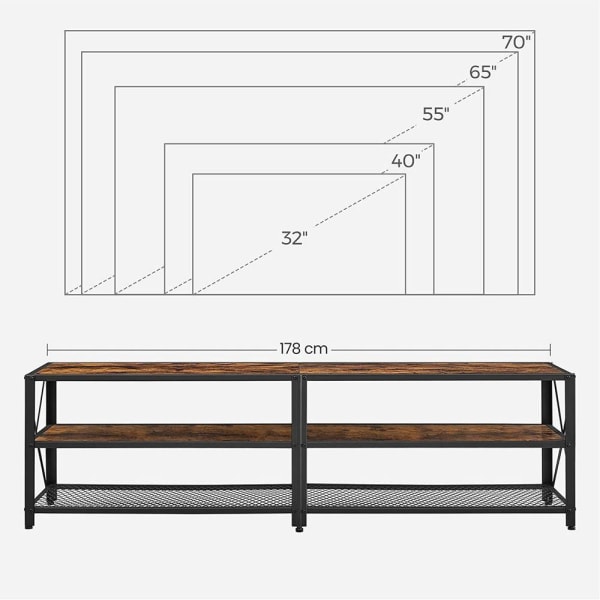 Rootz TV-taso - TV-hylly - 3-tasoinen TV-hylly - TV-kaappi - TV-pöytä - Vintage Ruskea-Musta - 178 x 39 x 52 cm