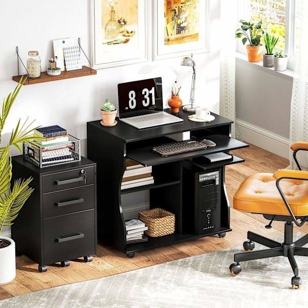 Rootz Rollbar computertabel - skrivebord med opbevaring - mobil arbejdsstation - rigelig opbevaringsplads - 80 x 48 x 75 cm, sort