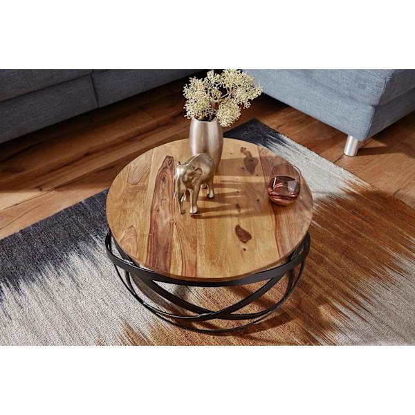 Rootz sofabord 60x30x60 cm Sheesham massivt træ - metal sofabord - Design stuebord rundt - Stuebord industribrun - Designer træbord sofabord massivt -