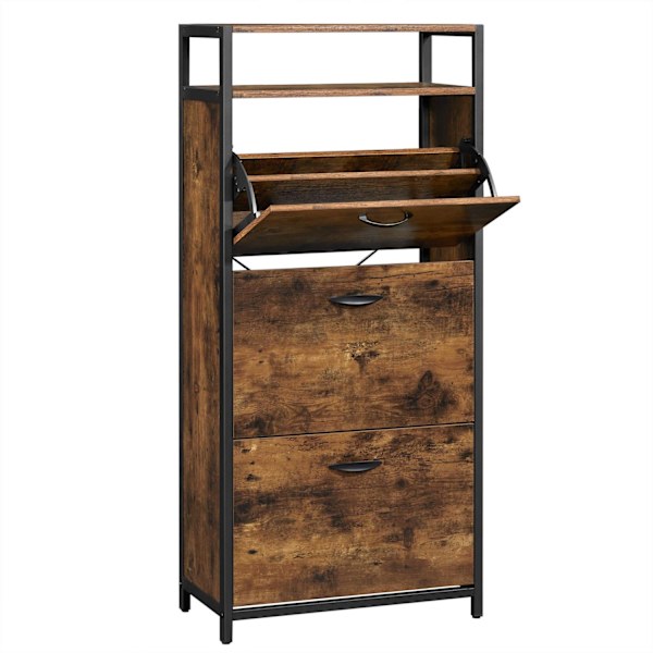 Rootz Skoskab med 3 klapper - Skohylde - Skokiste med 3 rum - Til 12-18 par sko - Vintage brun-sort (60 x 30 x 130 cm)