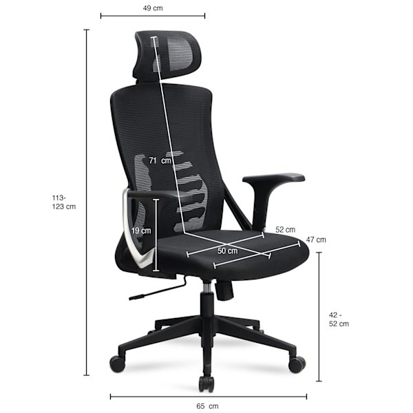 Rootz Modern Drejestol - Kontorstol - Ergonomisk stol - Meshbetræk - 113cm x 65cm x 65cm - Sort - Sølvdekorationer - Gyngemekanisme - Justerbar sædehø