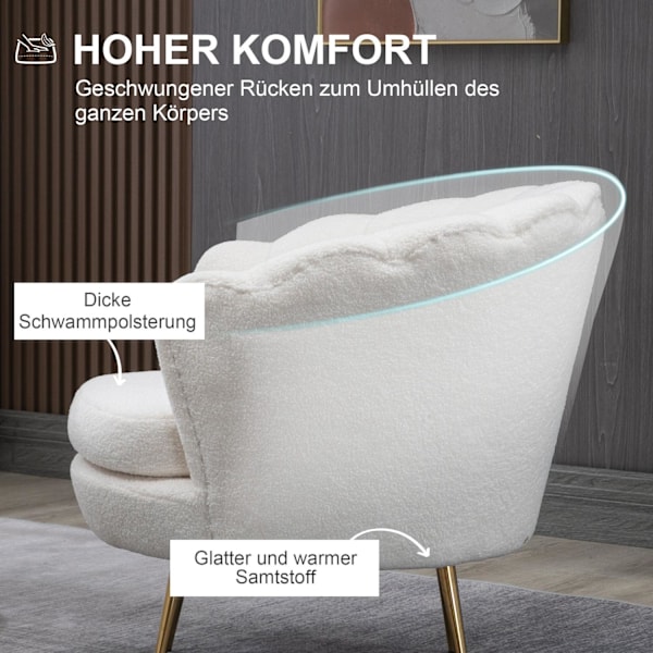 Rootz Shell -formad klädd stol - Relaxationsstol - Comfy fåtölj - Guldmetallben - Elegant & mysig - 79L x 77W x 77H cm - vitt tyg