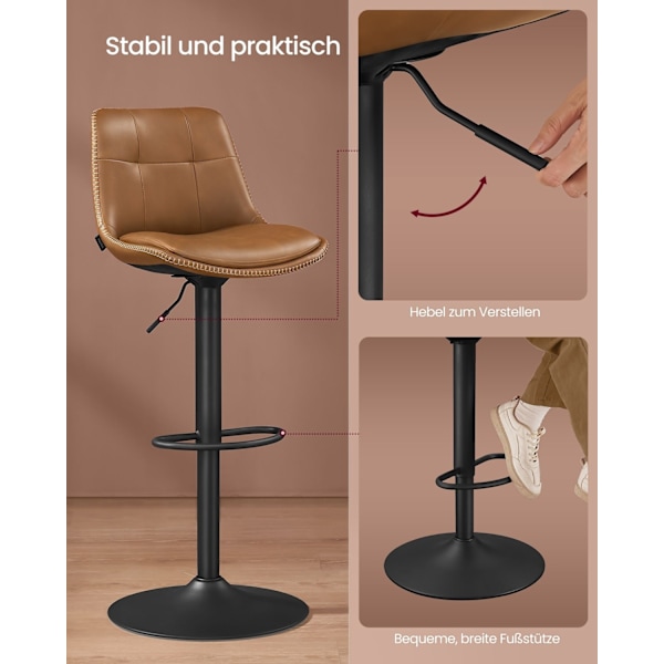 Rootz 2-delt sæt barstole - Køkkenskamler - Stole i modhøjde - PU-materiale - Forkromet stål - Skumpolstring - 44 cm x 48 cm x (90-112) cm - Karamelbr