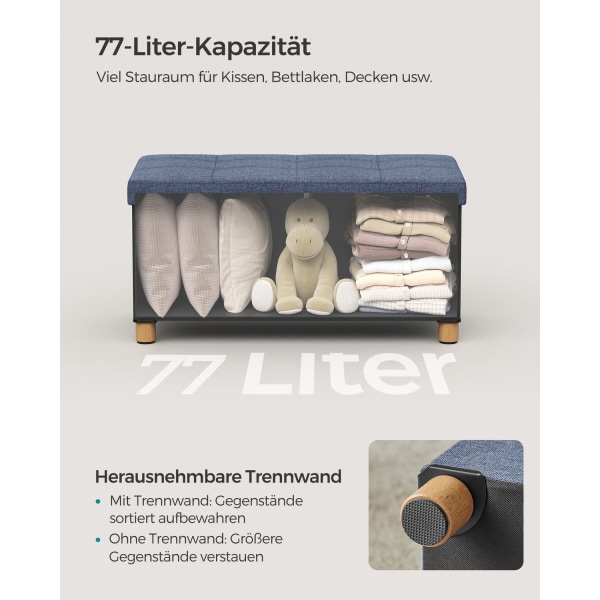 Rootz sæde kisteopbevaring Ottoman - Lys denimblå - Linned Ottoman - Skumpolstret bænk - MDF opbevaringskiste - 38 cm x 76 cm x 40 cm - 77L Kapacitet