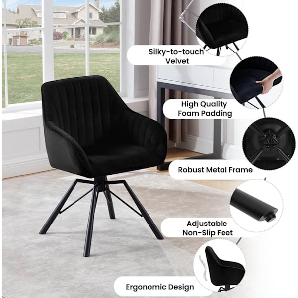 Rootz Roterende Spisestuestole Sæt med 2 - Fløjlslænestole - Drejestole - 360-graders rotation, Komfortable og robuste - 58 cm x 83,5 cm x 53,5 cm