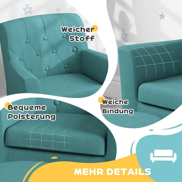 Rootz Kids Lænestolssæt - Børnesofa - Matchende osmannisk - Stilfuldt diamantryglæn - Træramme - Hyggelig polstring - Blå - 45 cm x 43 cm x 50,5 cm