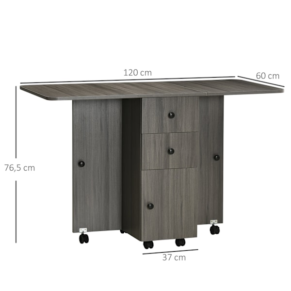 Rootz folding matbord - köksbord - utrymmebesparande - 2 hyllor och 2 lådor - 120 cm x 60 cm x 76,5 cm - grå