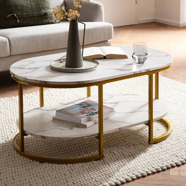 Rootz Modern Design rektangulärt soffbord - Soffbord - Marmorlook - Vit & Guld - Förvaringsområde - Elegant stil - Robust metallram - 100cm x 60cm x 4