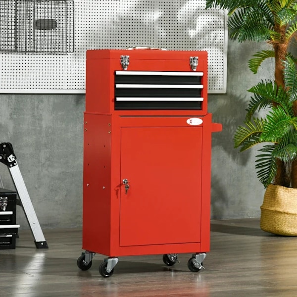 Rootz 2-i-1 Værktøjsvogn - Mobilvogn - Værktøjsskab - 3 skuffer - Værktøjstavle - Stålhus - Rød - 46L x 28W x 94H cm