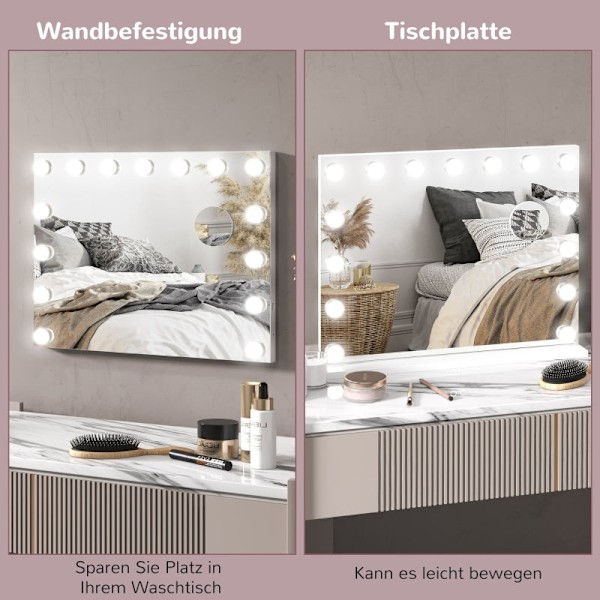 Rootz LED -meikkipeili - Kosmeettinen meikkipeili - Valaistu peili - 15 himmennettävää polttimoa - USB-portti - 58cm x 48cm x 14cm