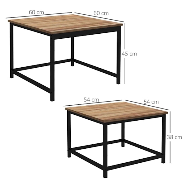 Rootz Nesting Bord - Sæt med 2 sideborde - Industrielt design - Sort stålstel - Bordplade i trælook - Spånplade - Naturligt træ - 60cm x 60cm x 45cm