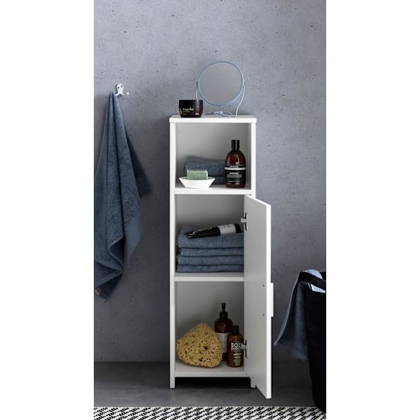 Rootz skab 30 x 95,5 x 30 cm hvidt træ med dør og opbevaringsrum Lille badeværelsesskab sideskab stående - Badeværelseshylde smal fritstående badevære