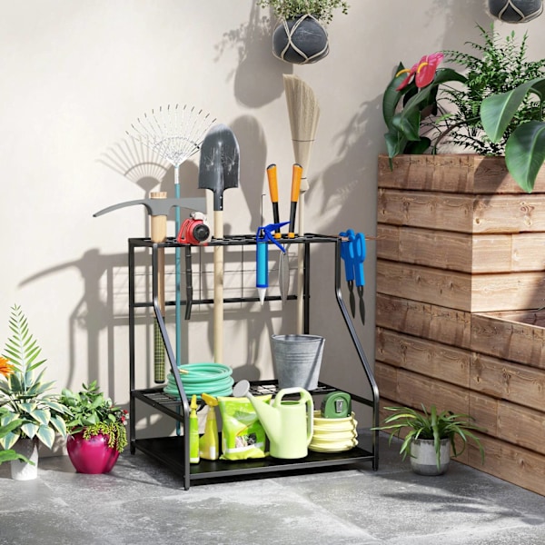 Rootz Garden Tool Storage Frame - Garden Tool Organizer - 3 -trins hylde - Rustresistente metal - 84 cm x 53 cm x 73 cm - Sort