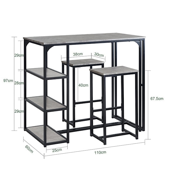 Rootz 3-delade barbordsset - Matbord med 2 pallar - Köksbänkset - Platssnål design - Robust metallstomme - Idealisk för kök, matsal, trädgård - Ljusgr