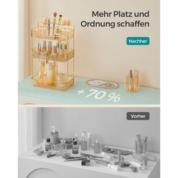 Rootz Makeup Organizer Bakke Sæt - Kosmetisk opbevaring - Vanity Organizer - Metal og PET Plast - Letvægts - Champagne Guld - 30,5 cm x 16,8 cm x 48 c