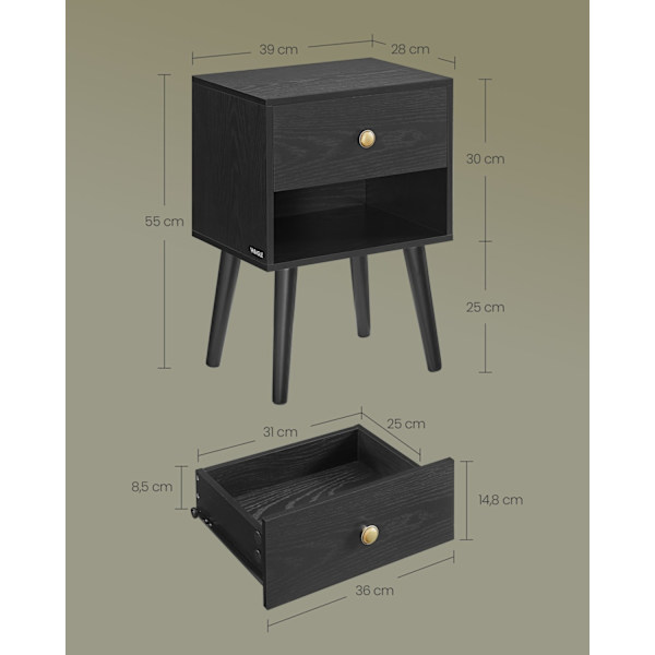 Rootz Ebony Black yöpöytä - Yöpöytä - Yöpöytäkaappi - Lastulevy - MDF - Massiivipuu - 28cm x 39cm x 55cm