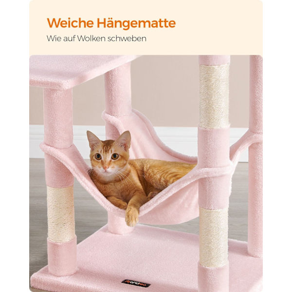 Rootz Cat Skrapstolpe - Kitty Tree - Cat Tower - Chipboard Plysch Sisal - 55cm x 45cm x 143cm - Pastellrosa - Robust konstruktion - Flera katter - Enk