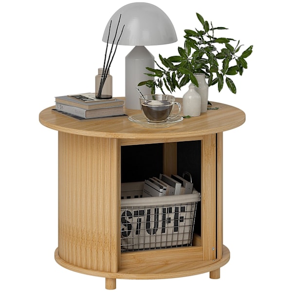 Rootz Round Side Table - Kaffe Round Table - Bambu Sofa Table - Dold förvaring, skjutdörr - Ø60 x 45 cm, har 20 kg