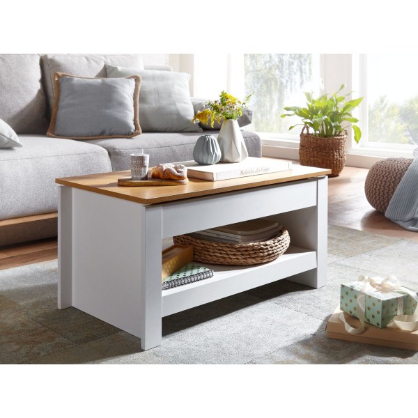 Rootz design sofabord 85 X 47 X 45 cm hvid - eg - Stuebord med opbevaringsplads - Sofabord med opbevaringsrum Moderne - Firkantet sofabord