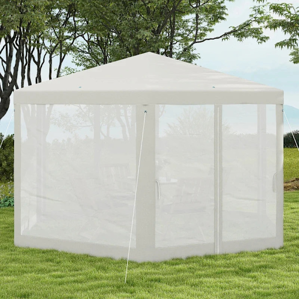 Rootz Gazebo - Puutarhapaviljonki - Kuusikulmainen - Maapiikit - Verkkoverhot - Metallirunko - Polyesteri - Metalli - Kermanvärinen - 394L x 394L x 25