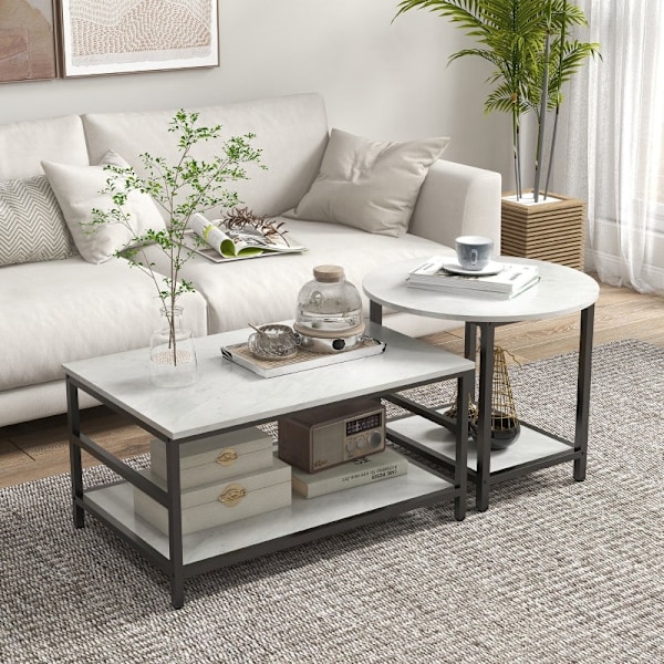 Rootz Marble Look sofabordesæt - Sideborde - Stuemøbler - Stålstel - 80cm x 54cm x 41cm, 60cm x 60cm x 51cm