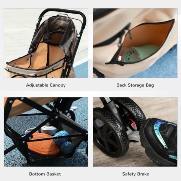 Rootz Folding Dog Buggy - Kæledyrsklapvogn - 1 kurv - 2 bremser - Inklusiv sikkerhedssnor - Lysebrun - 76,5 cm x 52 cm x 95 cm